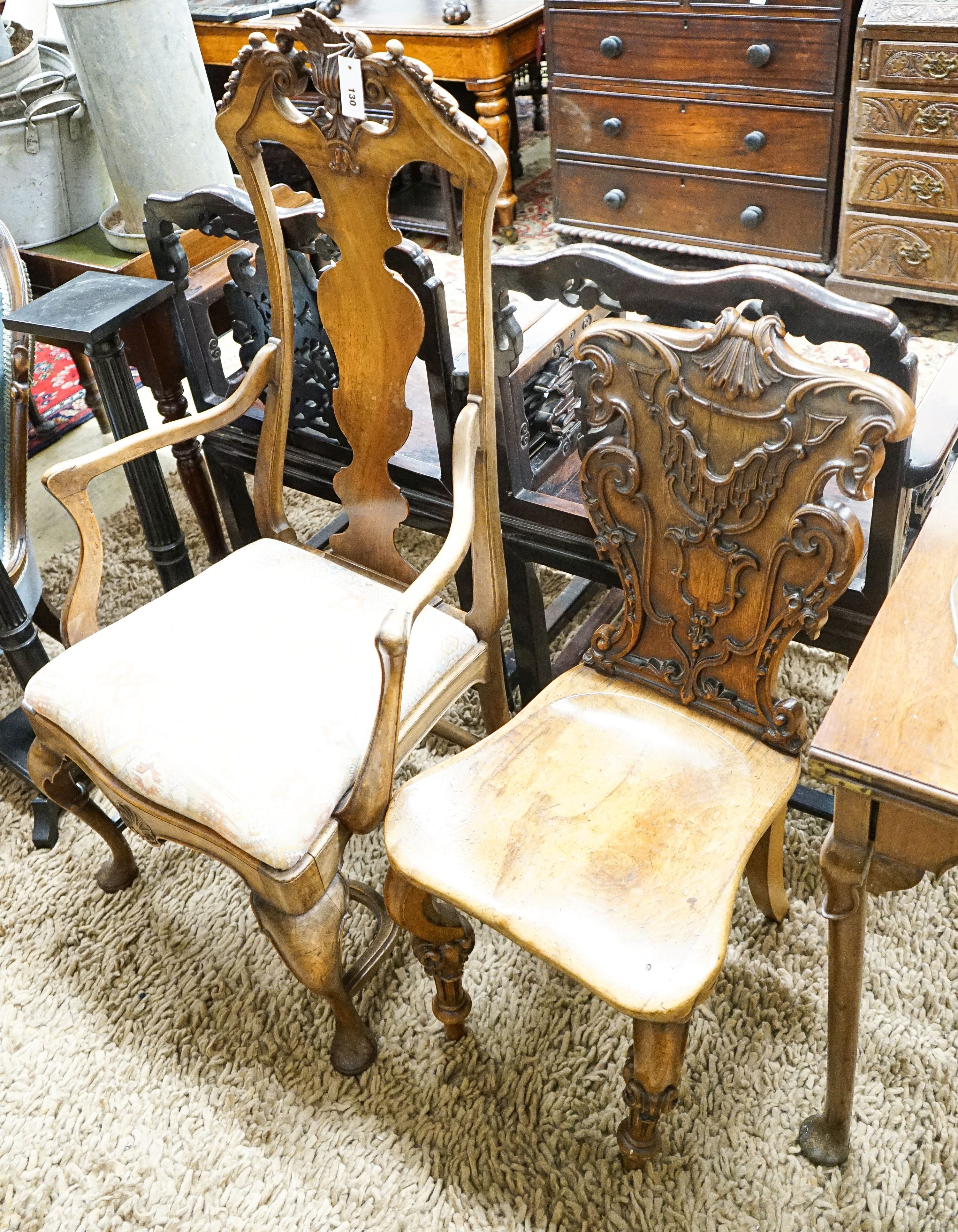 A Dutch high back chair and a hall chair